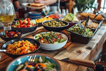 Fototapeta premium A wooden table is filled with numerous plates of delicious food, creating a bountiful feast for the eyes and stomach.