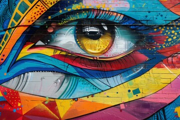 A detailed mural of a vibrant eye beautifully painted on a weathered wall, capturing the gaze and...