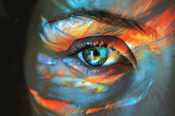 A close up of a persons eye adorned with colorful feathers, creating a surreal and captivating image.