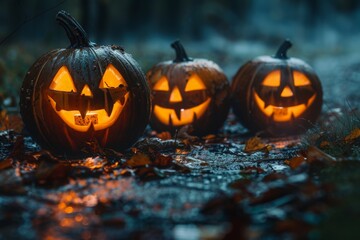 A cluster of intricately carved pumpkins rest on soggy soil, their haunting faces illuminated by a faint moonlight on a rainy night.
