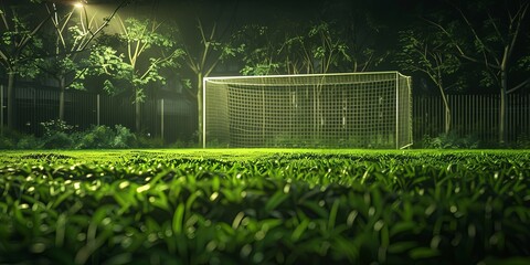 A night view of an empty soccer field with the goal in focus. - obrazy, fototapety, plakaty