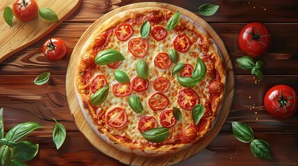 A delicious pizza with a crispy crust, topped with fresh tomatoes, basil, and mozzarella cheese.