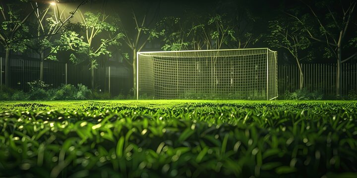 A night view of an empty soccer field with the goal in focus.