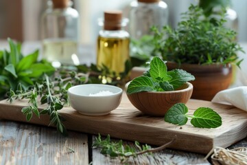 A wooden cutting board adorned with a bowl overflowing with fresh aromatic herbs, creating a picturesque scene of culinary delight.