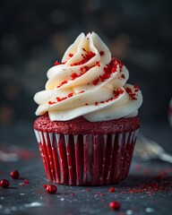 A close up image of a red velvet cupcake with cream cheese frosting.