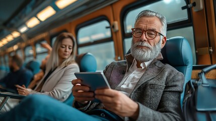 Senior Man Using Smartphone on Train with Passenger in Background: Concept of Modern Connectivity and Travel Lifestyle