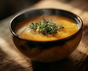 A steaming bowl of butternut squash soup with fresh thyme on top. - obrazy, fototapety, plakaty