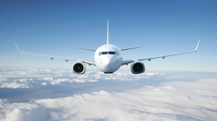 jet airliner cruising at high altitude with a clear blue sky and cotton-like clouds for travel backdrop