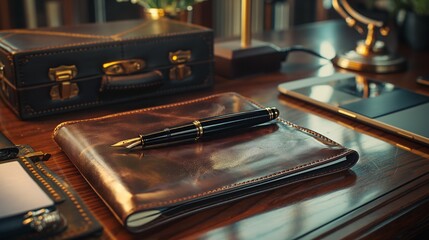 Elegant leather journal, classic fountain pen and a digital tablet on a polished wooden desk, concept of blending tradition with modern technology