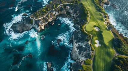 An aerial shot of a spectacular golf course nestled by the sea, the waves crashing against the cliffs adding to the course's majestic beauty.