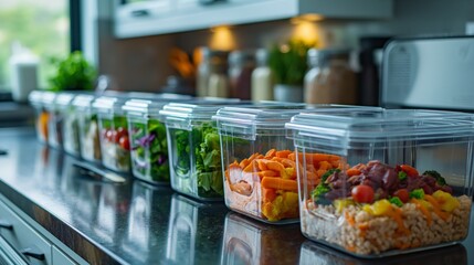 Meal prep containers with fresh ingredients for healthy eating, arrayed on a contemporary kitchen counter, concept of nutrition and lifestyle balance