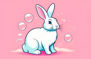 illustration of a cute fluffy white rabbit with pink ears in a pink background