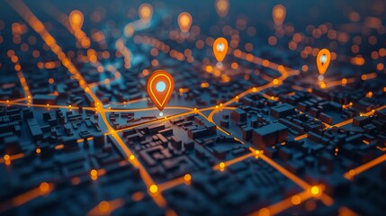 Business Location: A 3D vector illustration of a map with dynamic pins