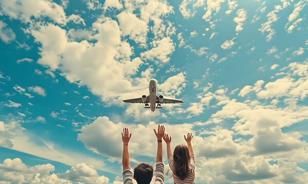 Two waving goodbye to their family who is flying away on an airplane, blue sky with white clouds, back view of two standing together holding up hands in air facing the plane taking off.