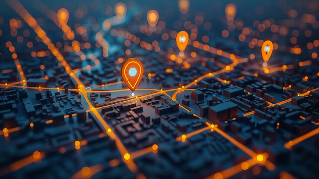 Business Location: A 3D vector illustration of a map with dynamic pins