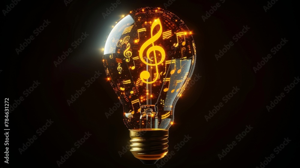 Wall mural creativity and design: a 3d vector illustration of a lightbulb with musical notes and instruments in
