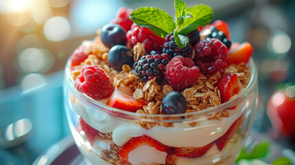 Glass of yogurt parfait with fruits and granola