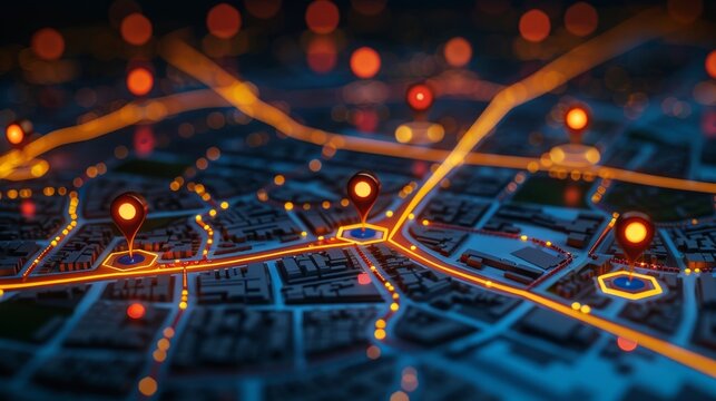 Customer Mapping: A 3D vector illustration of a digital map with pins