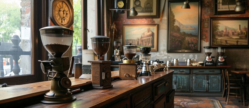 Antique coffee grinders and artwork depicting Italian landscapes adorn the cafe walls. 
