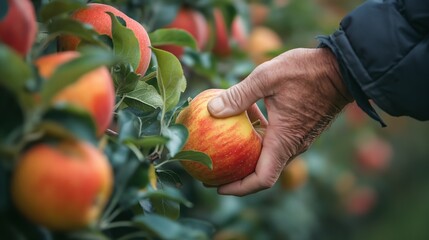 Hand picking ripe apple from tree, selective focus on agricultural practice, concept of organic farming and sustainable food production