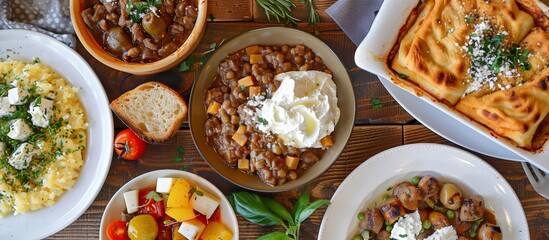 Authentic Greek dishes like moussaka, souvlaki, and tzatziki are staples in traditional Taverna menus.  - obrazy, fototapety, plakaty