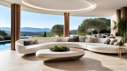 opulent outdoor lounge or terrace with sweeping views of the outdoors, elegant modern and...