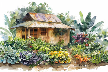 Fototapeta na wymiar Cottage with vegetable garden. 