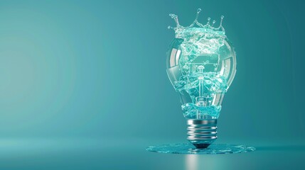 Energy Efficiency: A 3D vector illustration of a lightbulb with a water droplet next to it - obrazy, fototapety, plakaty
