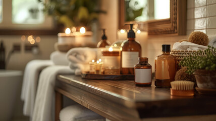 Fototapeta na wymiar Tranquil spa setting with candles and products