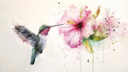 Hummingbird with hibiscus in watercolor.
 - obrazy, fototapety, plakaty