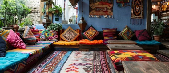 Colorful cushions and rugs create cozy seating areas for guests in Balkan cafes. 