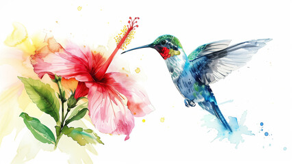 Hummingbird with hibiscus in watercolor.
 - obrazy, fototapety, plakaty