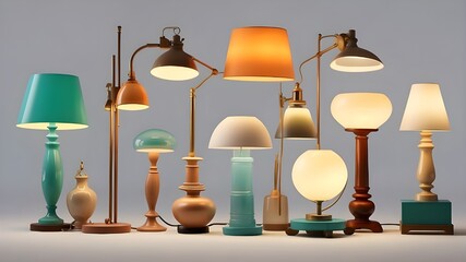 gathering Various retro vantage and contemporary bedside nightstand lighting table lamp decor designs, precisely isolated on transparent png background for interior decoration furniture cutouts - obrazy, fototapety, plakaty