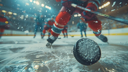 Ice hockey players in action on rink - obrazy, fototapety, plakaty