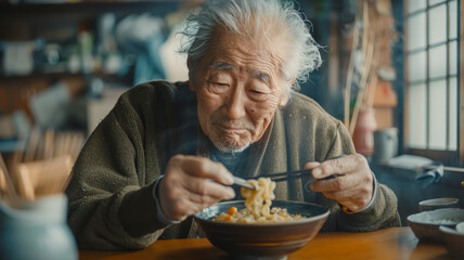 An older man enjoying noodles.