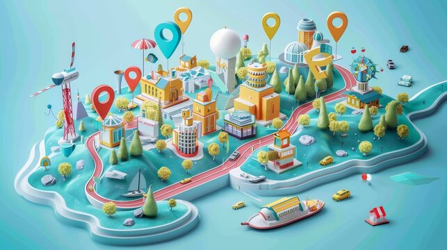Event Planning: A 3D vector illustration of a map with pins for event planning