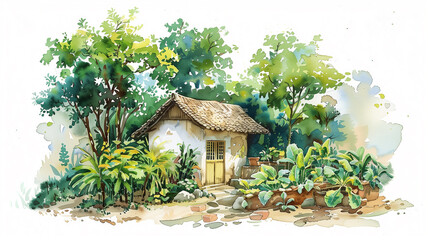 Cottage with vegetable garden.
