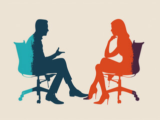 Man and woman sitting opposite each other in profile and talking. Vector silhouettes on clean light background. Concept of a specialist in psychological help, relationship, interview. - 784632635