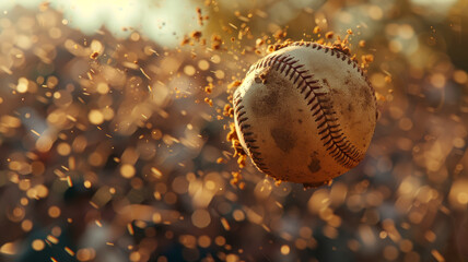 Fototapeta na wymiar Dirty baseball mid-air with flying dirt.