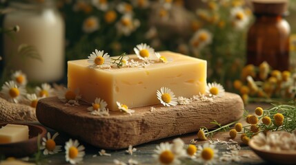 Handmade Chamomile Soap with Dry Flowers with a Chamomile and Milk Aroma