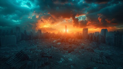 Sunset over Desolated Urban Wastelan - obrazy, fototapety, plakaty
