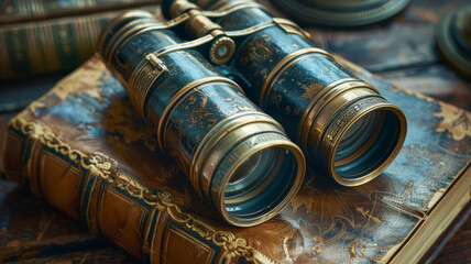 Antique binoculars on vintage books. - obrazy, fototapety, plakaty