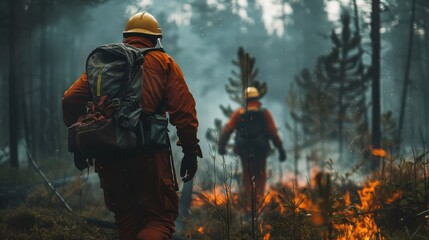 Firefighters navigating through a forest fire, working tirelessly to prevent its spread, showcasing their crucial role in battling natural disasters.