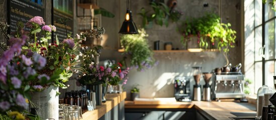Floral arrangements and greenery bring a touch of nature indoors to Italian barista cafes. - obrazy, fototapety, plakaty