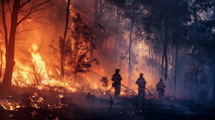 Firefighters navigating through a forest fire, working tirelessly to prevent its spread, showcasing their crucial role in battling natural disasters.