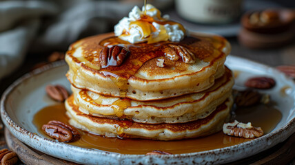 Stack of pancakes with pecans and syrup