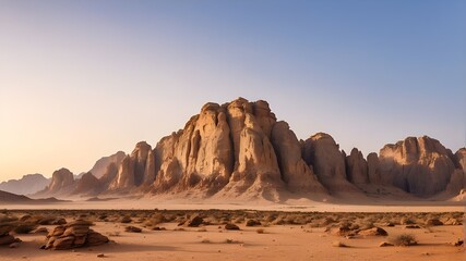 broad perspective shot of a typical rocky mountain in the Saudi Arabian desert, Al Ula, after sunset at golden hour with copyspace area