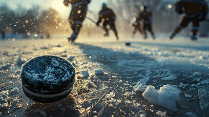 Hockey puck on ice with players in background