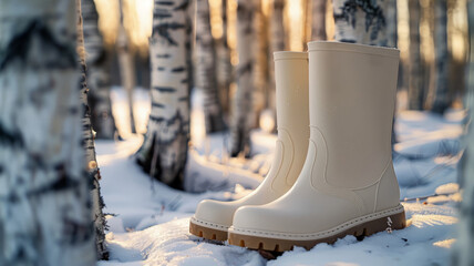 Pair of boots in snowy forest. - obrazy, fototapety, plakaty