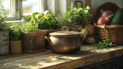 Fototapeta na wymiar A cooking pot and herbs on a sunny windowsill